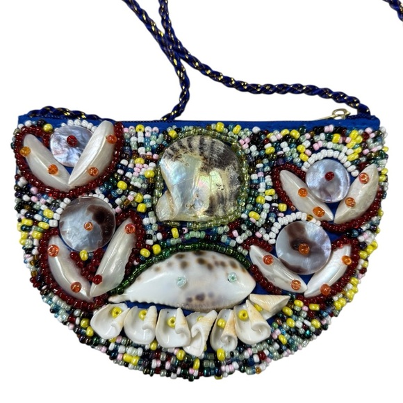Beaded Sea Shell Purse Blue Multi Coastal Boho Mermaid Festival - Picture 1 of 9